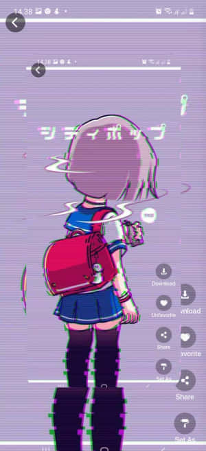 穿著校服、背著紅色背包的動漫女孩，站在故障風格的紫色背景前。