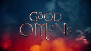 Good Omens 標題以金屬字體呈現，背景為火紅多雲的天空。