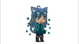 藍髮Q版動漫女孩，貓耳和星形眼鏡，被星星包圍。