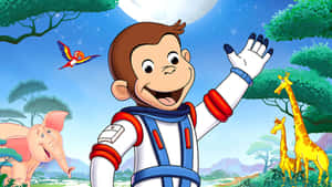 穿著太空衣的Curious George在月亮和星星下向叢林動物揮手。