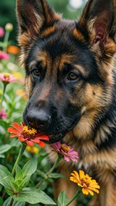 德國牧羊犬在花園裡嗅著橙色花朵 — 德國牧羊犬 壁紙