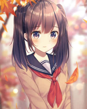 穿著校服的動漫女孩，在柔和金色光線下飄落的秋葉中。 — 可愛動漫女仔 壁紙