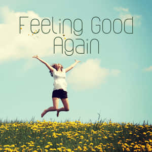女人在黃色蒲公英田野中跳躍，文字 Feeling Good Again
