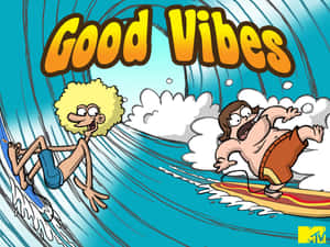 兩個卡通衝浪者騎著波浪，上面有「Good Vibes」文字。 — 搞笑 壁紙
