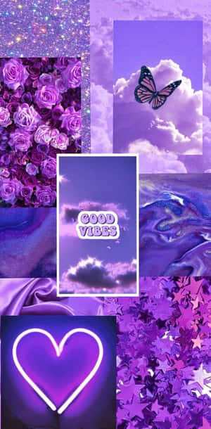 紫色主題拼貼畫，包含玫瑰、蝴蝶、閃粉、心形和「good vibes」文字。