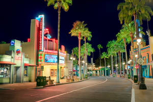 夜間街道，有棕櫚樹和 Planet Hollywood 閃爍的霓虹燈招牌。