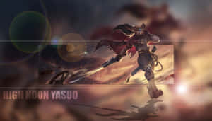 動漫角色 Yasuo 以正午姿勢，手持劍和披風，背景是日落。