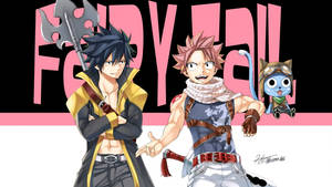 兩個動漫戰士和一個藍色貓咪吉祥物在'FAIRY TAIL'標誌下擺姿勢。 — 妖精尾巴 壁紙