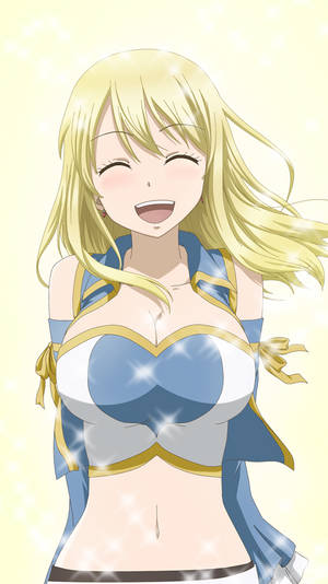 金髮動漫女孩穿著藍金色服裝，帶著閃光笑著。