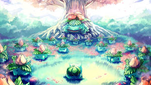 Bulbasaur 家庭在色彩繽紛的森林中的一棵巨樹下。