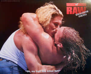 兩位摔角手在WWE Raw比賽中鎖喉，表情戲劇化。