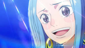 藍髮動漫女孩微笑，淚水從臉上流下。