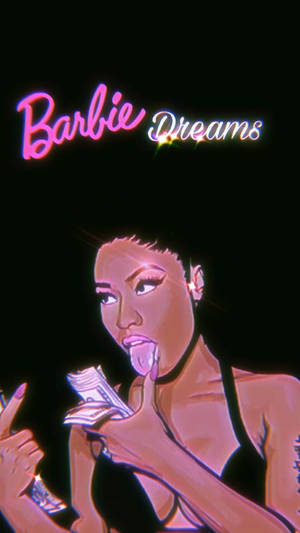 一位女性在粉紅色霓虹燈光下手持金錢，帶有「Barbie Dreams」文字。