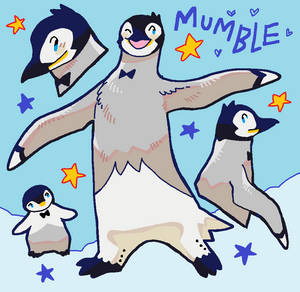 四隻戴著蝴蝶結的企鵝與星星和背景中的'MUMBLE'字樣一起跳舞。 — 繪畫 壁紙