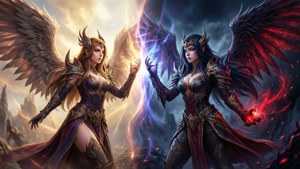 兩名擁有金色和紅色翅膀的女性戰士在神奇的宇宙戰鬥中碰撞。 — 英雄聯盟 壁紙