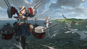 動畫女孩騎著軍艦炮越過海洋，海鷗飛翔 — 碧藍航線 壁紙