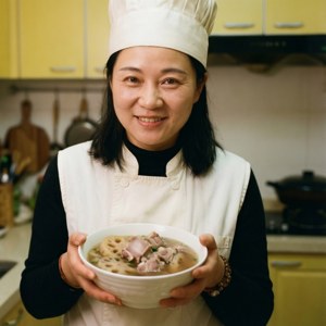 一位廚師在廚房裡端著一碗蓮藕豬肉湯。