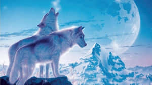 兩隻狼在積雪的山峰上對著巨大的發光月亮嚎叫。 — 狼 壁紙