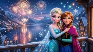 艾莎和安娜在夜晚的雪山湖上以煙火慶祝。