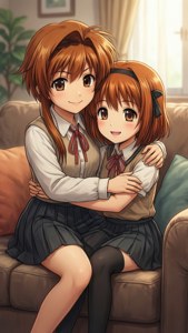 兩個動漫女學生在明亮的客廳沙發上擁抱。