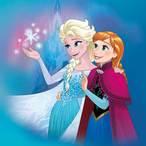《魔雪奇緣》的愛莎和安娜，愛莎在冰城堡附近創造雪花。