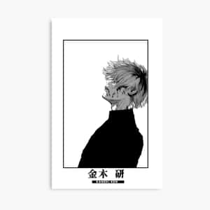 動畫角色金木研的黑白側面肖像，下方有名字文字。 — 康納·麥格雷戈 壁紙