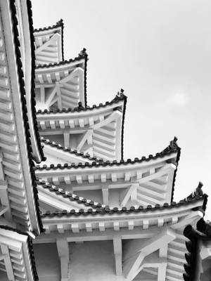 分層日本寺廟屋頂簷口的黑白建築細節。