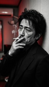穿黑色西裝的男人靠著紋理牆在紅色燈光房間裡抽煙