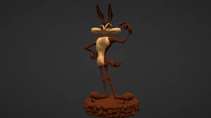 Wile E. Coyote在岩石底座上擺姿勢的3D雕像。