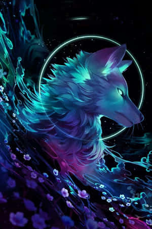 一隻發光的狼，在繁星點點的夜空中被霓虹能量和漂浮花朵環繞。