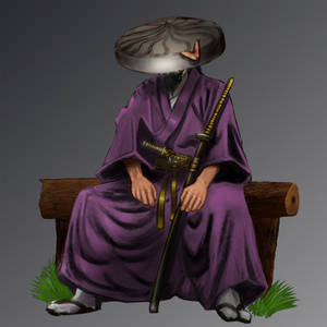 一個身穿紫色長袍的武士坐在長椅上，手持武士刀，帽子上有蝴蝶。