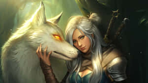一位銀髮奇幻戰士在森林中輕撫一隻發光的白狼。