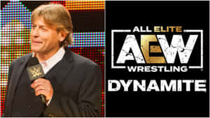 WWE 主持人拿著咪高峰，旁邊是 AEW Dynamite 標誌，黑色背景。