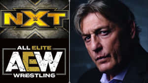 WWE NXT和AEW摔角標誌，搭配一個穿著西裝的嚴肅男人。