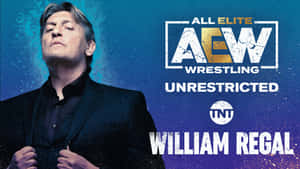威廉·瑞格穿著深色西裝，帶有AEW Wrestling Unrestricted標誌和TNT品牌標誌。