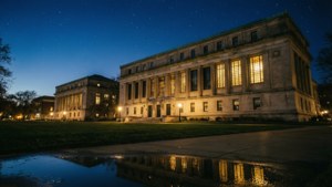 夜間燈光照亮的宏偉石造大學建築，星空與水坑倒影。