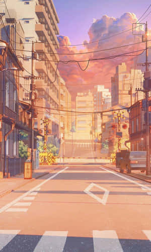 夕陽下的動漫城市街道，建築物和架空電線上方有溫暖的粉紅色和橙色雲朵。 — Galaxy Tab A11 壁紙