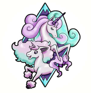 兩隻卡通獨角獸，擁有蓬鬆鬃毛，位於鑽石框架內。