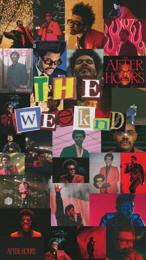 以紅色調為主的 The Weeknd 拼貼畫，包含專輯藝術和演唱會照片。