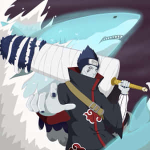 動漫忍者喺冰冷嘅水中持有鯊魚武器