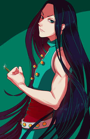 動漫女性，長著深色長髮，穿著綠色服裝，握著發光的魔杖。