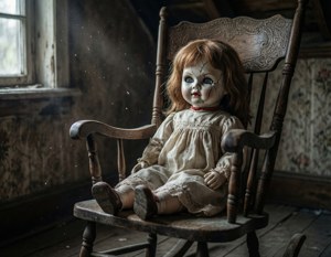 臉部破裂的恐怖玩偶坐在被遺棄房間的佈滿灰塵的搖椅上。 — 恐怖 壁紙