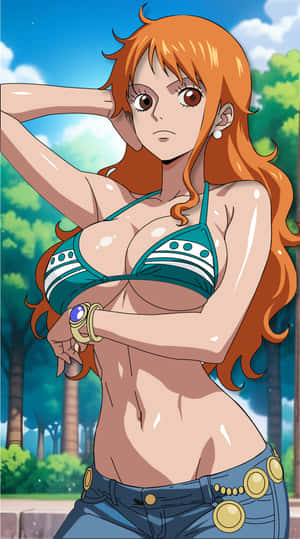 動漫女孩，橙色頭髮，穿著青綠色比基尼上衣和牛仔褲，在藍天下站在戶外