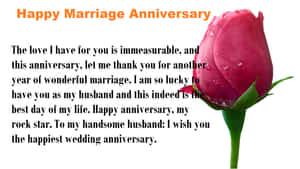 帶有露珠的粉紅玫瑰和結婚週年訊息文字。