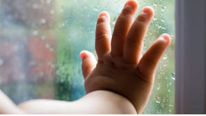 小孩的手觸摸著雨窗，窗外景色模糊。
