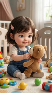 一個穿著牛仔布工裝褲的微笑幼兒在遊戲墊上擁抱一隻泰迪熊，周圍環繞著色彩繽紛的玩具。
