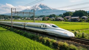 一列高速列車穿過茂密的綠色稻田，遠處可見富士山。