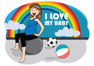 孕婦在彩虹下微笑，旁邊有「I love my baby」字樣和沙灘球。