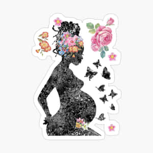 孕婦剪影，以鮮花和蝴蝶裝飾，水彩風格。