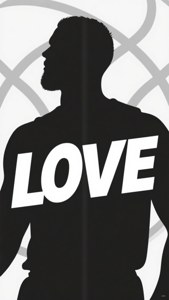 黑色剪影，一個男人胸前有'LOVE'文字，背景為幾何灰色